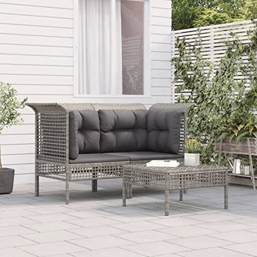 LAPOOH 3-TLG. Garten-Lounge-Set mit Kissen, Gartenmöbel, Balkonmöbel, Gartenlounge, Terassenmöbel Außen, Gartengarnitur, Loungemöbel Balkon, Grau Poly Rattan