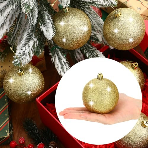Zubebe 12 Stück große Weihnachtskugeln, glitzernde Schneeball-Ornamente für Weihnachtsbaum, Kunststoff, hängende Weihnachtsbaumkugeln für Weihnachten, Hochzeit, Party, Dekorationen (Gold)