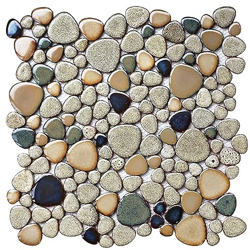 Primoon Pebble Stone Mosaic Tiles 5 Sheets, Beige Tan Brown Ceramic Mosaic Sheets Mesh Mounted 12x12, Glazed Porcelain Tile for Shower Floor Kitchen Bathroom Accent Wall Backsplash 【5 Sheets】