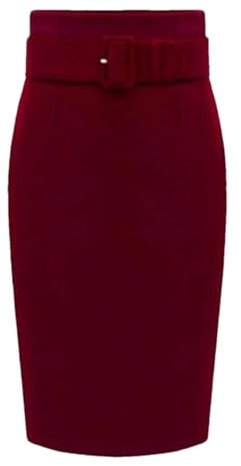 Frauen Wolle Knielänge Rock Schwarz Front Schärpen Büro Bleistift Röcke Herbst Winter, burgunderrot, 44