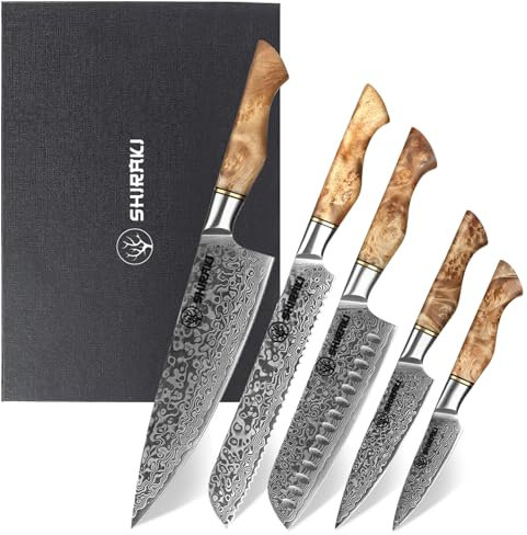 Shiraki 5-teilige Hochwertiges Damaststahl Messerset mit Bergahorn Griff, Profi-Damast-Küchenmesser Set aus Santoku Messer, Kochmesser, Brotmesser, Allzweckmesser, Schälmesser