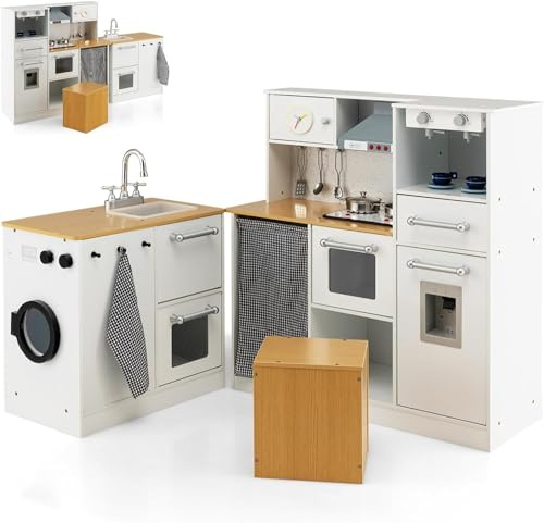Corner Kids Kitchen Playset, Wooden Play Set for Toddler, Range Hood, Water Dispenser, Coffee Maker, Washer, Utensils, Stool, Modular Little Chef Pretend Toy w/Light & Sound