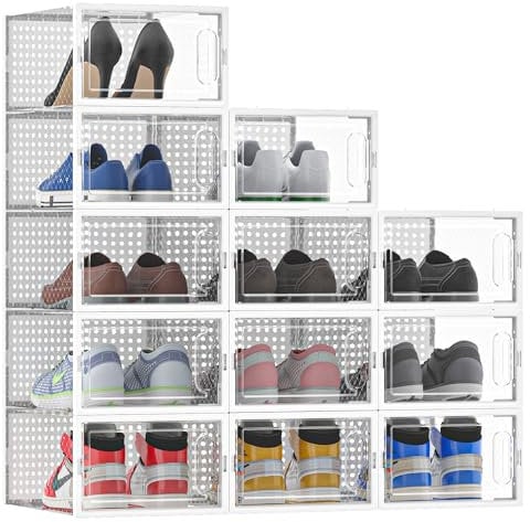 MYHMCT Cajas de Zapatos, Juego de 12 organizadores de almacenamiento, Contenedores Organizadores de Zapatos con tapas para Mujeres/Hombres, Caja Zapatero Plástico Plegable y Apilable