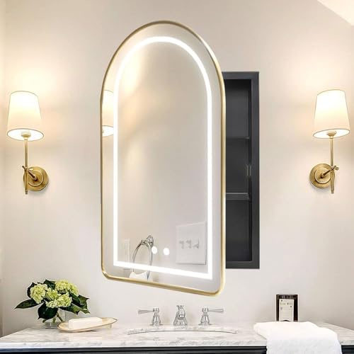 Mepplzian Spiegelschrank Bogen mit Beleuchtung, Spiegelschrank Bad mit Beleuchtung Bogen, LED-Badezimmerschrank für Badezimmer, Entnebelfunktion Medizinschrank mit Licht, Dimmbar, Gold, 50x80cm