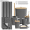 Clara Clark Bathroom Accessories Set - Bathroom Accessory Set with Shower Curtain Set, Toilet Brush, Trash Can & Soap Dispenser & Rugs (Grey, Complete Set + Bath Rugs)