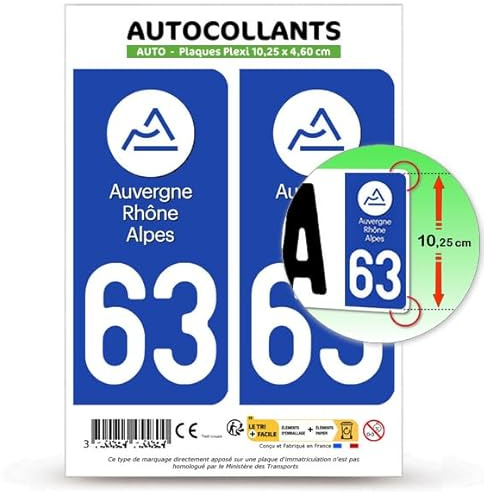Autocollant Plaque Immatriculation 2 stickers département 63 Puy-de-Dôme - Auvergne-Rhône-Alpes en version : Fond Bleu - 10,25 x 4,6 cm Plaque Plexi