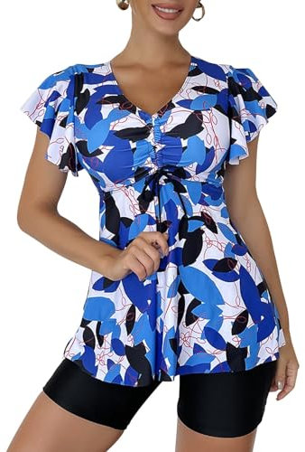 ECUPPER Womens Tankini Swim Dress with Sleeves Modest Two Piece Swimsuits Tummy Control Bathing Suit Floral Printed Swim Tops and Shorts Blue L