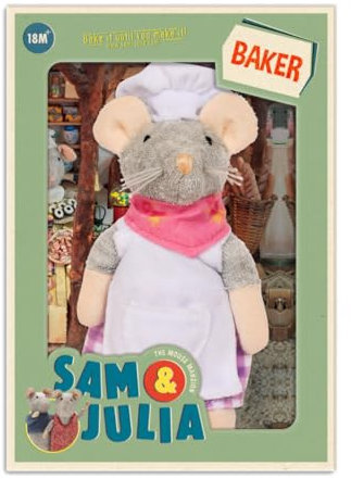 The Mouse Mansion Sam & Julia - Kuscheltier Maus der Bäcker - das Original aus der beliebten Kinderbuch-Reihe – 1/12 Größe für Standard-Puppenhaus – enthält: 1 Stofftier Maus 12 cm