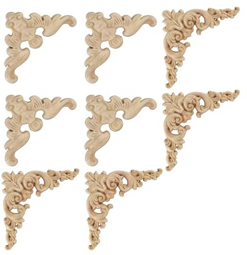 FINELYCR 8 Stück Holzornamente 8 x 8 cm, Holzornamente für Möbel, Holzschnitzen Ornamente zum Aufkleben, Massivholzschnitzerei, Wird zur Dekoration von Möbeln und Spiegeln Verwendet (2 Muster)
