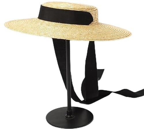 Sombrero de ala ancha for canotier, sombrero de paja de ala de 10cm y 15cm, sombrero plano de verano for mujer, sombrero Derby de Kentucky, lazo blanco y negro, sombrero for el sol, gorra de playa(Siz