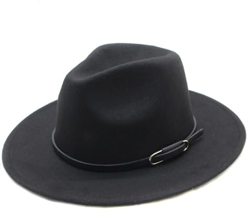 VANTOBEST Klassischer schwarzer Fedora-Hut für Damen, Wolle, breite Krempe, Panamahut, Trilby-Hut, Jazz-Mütze mit Gürtelschnalle für den Alltag oder Hochzeit