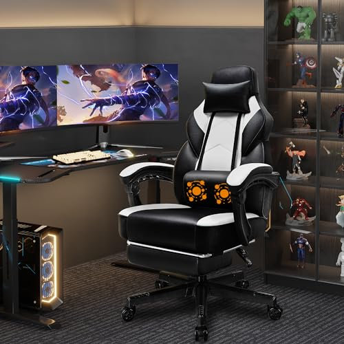 Shintenchi Modern Gaming Chair, White, with Retractable Footrest, Massage Lumbar Support, 360° Swivel Seat, Height Adjustable, Ergonomic Computer Chair for Gaming, Office or Relaxation