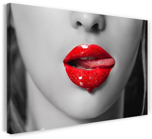 Printistico Leinwandbild (80x60cm) Sinnliche Frau mit roten Lippen - Schwarz weiß Fotografie, echter Holz-Keilrahmen inkl. Aufhänger, handgefertigt in Deutschland