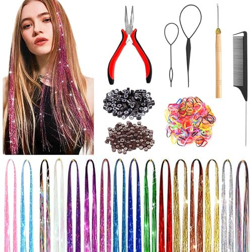 16 Colours 3200 Strands Tinsel Hair Kit, Glitter Hair Tinsel Extension, 37 Inch Fairy HairBraiding Accessories Tool for Girls