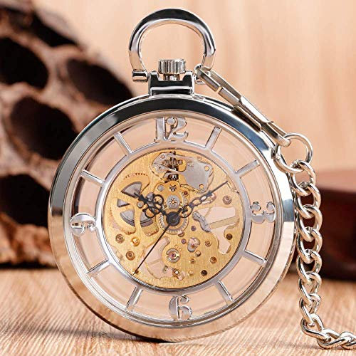 CAFIEDR Reloj de Bolsillo con Esfera Hueca Plateada, Reloj de Bolsillo mecánico de Cuerda Manual, Relojes para Hombre