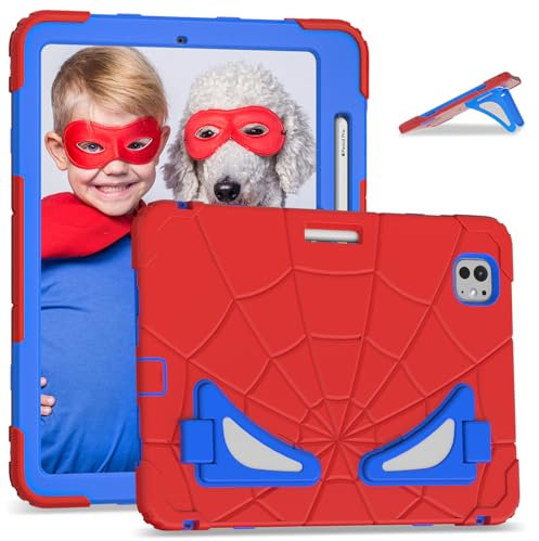 ANROD für iPad Pro 11 Zoll M4 2024 (A2836/A2837/A3006) Robuste Kinder Hülle mit [Pen Halter] [Doppel Ständer] Stoßfester PC + Silikon Hybrid Heavy Duty Armor Kinder Hülle (Rot+Blau)