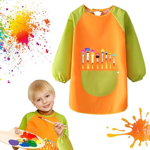 Techchii Malschürze Kinder 7-12 Jahre, 130~145cm Wasserdicht Malerkittel Kind mit Ärmeln und Big Taschen Malkittel Schule 1. Klasse Kunst Werkenschürze für Malerei Mädchen Junge