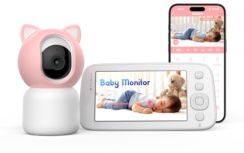 Babyphone mit 2 Kameras App, Split-Screen-Anzeige, 2K HD Bild, PTZ 355°/60°, 4×Zoom, Automatische Verfolgung, Weinen/Bewegungs/Geräuscherkennung, Temperatur und Feuchtigkeitsmessung