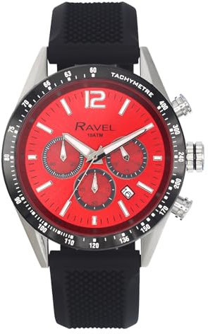 Ravel Pro - Runde Edelstahl-Chronographenuhr mit Datum - 100m Wasserdicht - Japanischer Analogquarz - RPR-002M - Schwarzes Silikonarmband/Rotes Zifferblatt