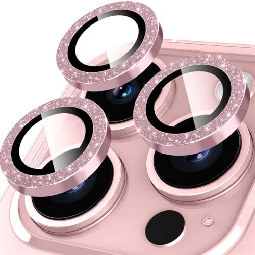 Rainway Camera Lens Protector for iPhone 15 Pro/iPhone 15 Pro Max, Glitter Decoration Individual Lens Protectors, Ultra-tough HD Tempered Glass with Aluminum Rim, Ultra-thin, Pink