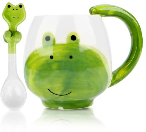 Frog Cup, Frog Cups Mug with Spoon, 400 ml Cute Coffee Cup Frog Tea Cup, Ceramic Coffee Mug, Frog Mug for Tea, Coffee, Milk, Birthday Gift for Boys and Girls