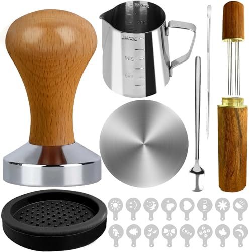 HahaGo 22pcs Espresso Tamper, 51mm Kaffee Tamper Set, Espresso Accessories, 51mm Espresso Tamper mit Espresso Mat, Kaffeerührer, Rührlöffel, Aufschäumkrug, Latte Art Stift und Dekorative Schablonen