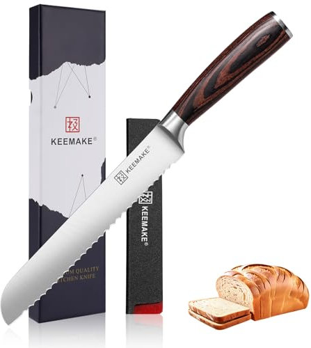KEEMAKE Bread Knife for Homemade Bread, 8 inch Serrated Bread Knives with High Carbon Stainless Steel Blade, Ergonomic Pakkawood Handle Serrated Knife for Bread, Cake, Watermelon