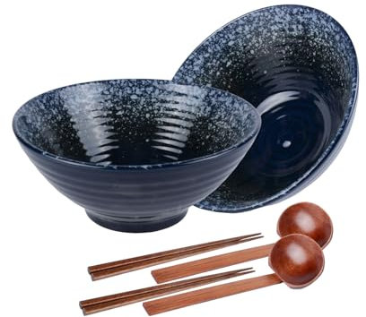 Aulivra Porcelain Ramen Bowl Set of 2, 1000ml (34 Oz) with Wooden Chopsticks, Spoons - Japanese Large Ramen Bowl for Noodle Soup Salad Pho Cereal Pasta-Microwave & Dishwasher Safe-Presentable Gift