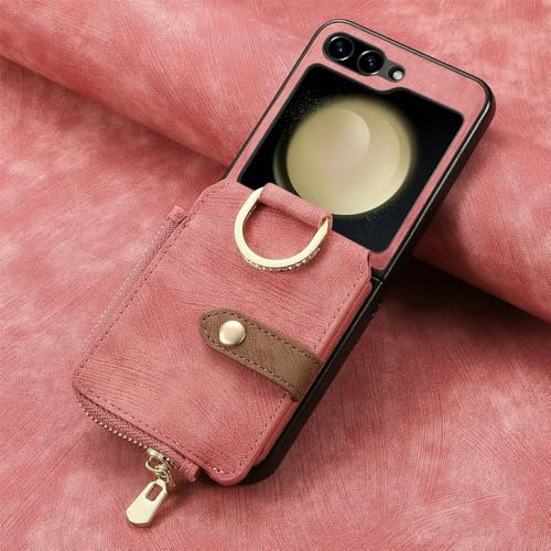 YLTPHD Custodia a portafoglio in pelle vintage con cerniera per Samsung Galaxy Z Flip 6 5 4 5G Flip4 Flip5, rosa, per Samsung Z Flip 4