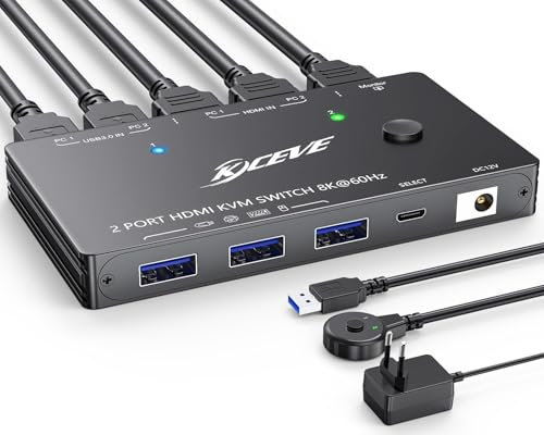 YOUTINGHDAV KVM Switch 2 PC 1 Monitor 8K@60Hz 4K @120Hz, USB 3.0 KVM Switch HDMI 2.1 HDCP 2.3 para 2 ordenadores comparten teclado ratón con cable remoto