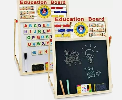 Almineez 6 in 1 Wooden Art Easel Board for Kids, Double Sided Whiteboard & Blackboard, Educational Drawing Board Easel for Toddlers with Magnetic Letters, Numbers 4 Chalks, Marker, and Sponge