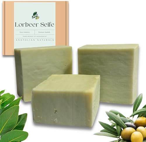 Original Lorbeer Seife ANATOLIAN NATURALS® 80% Lorbeeröl 20% Olivenöl Echte türkische Lorbeer- und Olivenseife Haar- Körper- und Gesichtsseife +-160 Gramm Vegan Handgemacht (4 x 160g)
