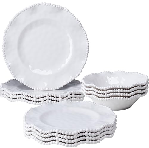 ZAROCRUS Cream 12pcs Beaded 100% Melamine Dinnerware Set, Elegant Scalloped Edge Durable & Shatterproof Outdoor Dining Set,Unbreakable Plates & Bowls Set for Indoor/Outdoor Use, Dishwasher Safe