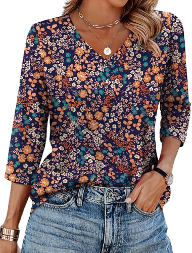WIHOLL Tops for Women 3/4 Length Sleeve V Neck Casual Tunic Ladies Tops Basic Shirts Loose Fit Blouse Purple Orange Flower Size 6-8