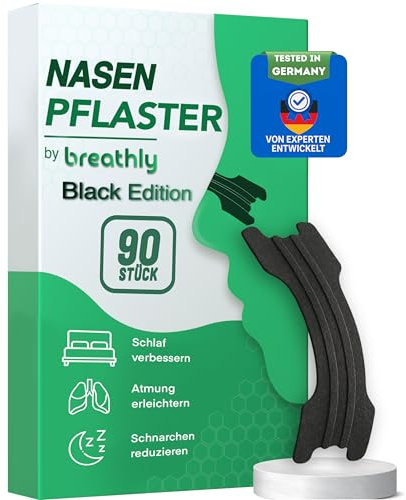 breathly® Nasenpflaster Schwarz | Extra starker Halt | 90x Nose Strips | Gegen Schnarchen - verbessert die Schlafqualität | Für bessere Atmung bei verstopfter Nase | Premium Nasenstrips (90)