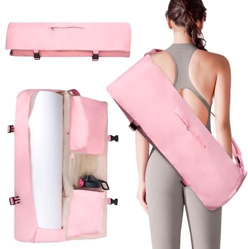 Wasserdichte Yogatasche für Damen mit Nassfach Flaschenhalter Durchgehendem Verstellbarer Schultergurt, Robuste Geräumige Tragetasche Taschen für Pilate Sport Gymnastik Yogamatte Yoga-Zubehör, Rosa