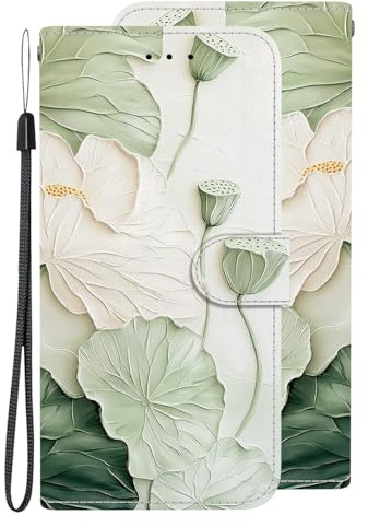 BLOTECH Hülle Wallet Lederhülle für Wiko Y82 Handyhülle Klappbar Wallet Magnet Kartenfach Standfunktion Schutzhülle Tasche Schalen für Wiko Y82,Grüne Lotusblätter