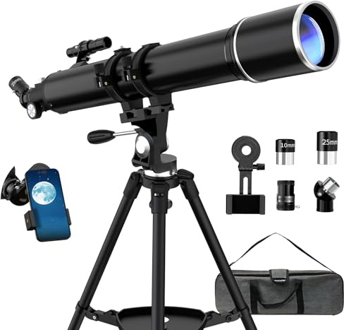 Teleskop Astronomie für Erwachsene, 90mm Blende 900mm Refraktor Teleskope Profi für Kinder und Einsteiger, Kompakte und Tragbare, mit Stativ, Telefon Adapter und Rucksack (Schwarz)