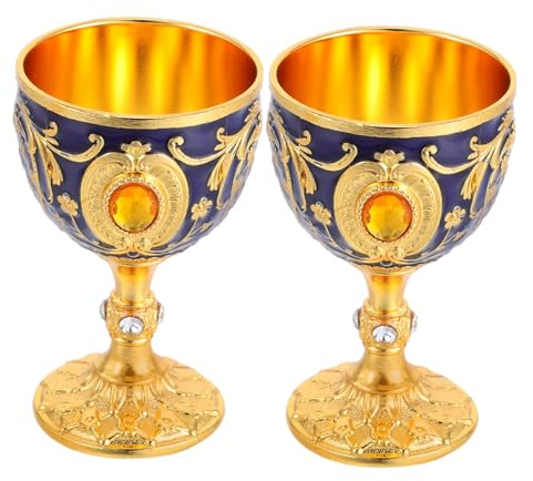TOYANDONA 2pcs Gold Chalice Cup Embossed European Vintage Goblet with Translucent Blue Decorative Design for Formal Events Banquets Weddings and Elegant Home Bars