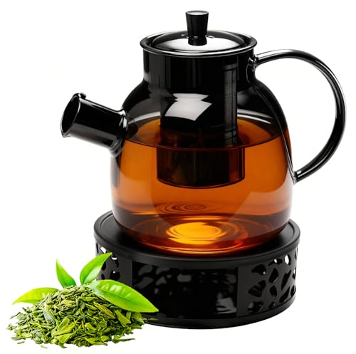 1500ml Teekanne mit Stövchen, Teekanne mit Siebeinsatz und Deckel, Glas Teebereiter mit Abnehmbare Siebeinsatz, Hitzebeständig Glaskanne für Losen Tees Fruchttee Duftender Tee Blumentee (Schwarz)