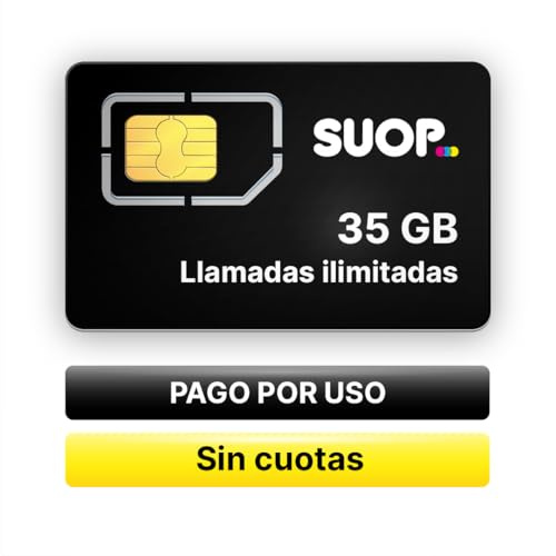 Tarjeta SIM Prepago SUOP | 35 GB y Llamadas | 30 Días | Sin Cuenta bancaria | Sin cuotas fijas, 35 GB y minutos ilimitados por 30 días, cobertura 5G, PIN desactivado, pago por uso: si no la usas no pagas