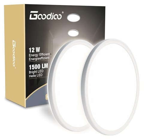 Goodjoo LED Deckenleuchte Flach 12W, 4000K, 1500LM, Rund Ø19cm, 2 Stück | Modern Deckenlampe IP44 Badlampe Badezimmerlampe Decke, Ultra Dünn LED Lampen Deckenlampen für Balkon Flur Bad Keller Küche