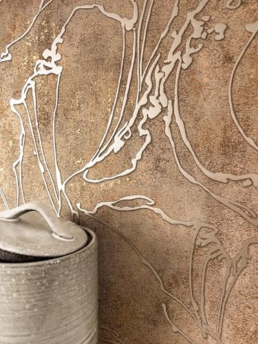 Newroom Vliestapete Braun Grafik Metallic Betonoptik Tapete Wohnzimmer | warmes Bronze mit Goldschimmer, Glanzsprenkel, fließende Linien, Mustertapete, Wandtapete, Schlafzimmer, Flur
