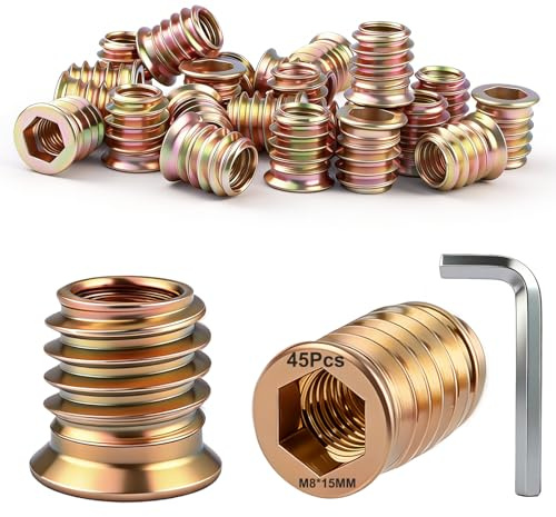 45 Pcs M8 Threaded Inserts for Wood M8x15mm Hex Drive Threaded Nut Inserts | Carbon Steel Zinc Plated Threaded Insert Nuts,Rust-Resistant,Male Thread,for Furniture Assembly,DIY,With Hex Key Included
