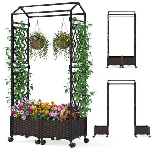 COSTWAY Jardinière avec 2 Treillis Latéraux Toit Suspendu, Lit de Jardin Surélevé Bac Inférieur à Arrosage Automatique en Rotin avec roulettes Verrouillables pour Plantes Grimpantes Fleurs (Marron)