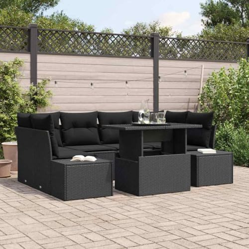 Fangmaliuyun Schwarzes Poly-Rattan Gartensofa Set 7-Teilig Modular Ecksofa mit höhenverstellbarem Tisch 100 x 55 x 73 cm Langlebig & Wetterbeständig Lounge Gartenmöbel für Balkon Terrasse