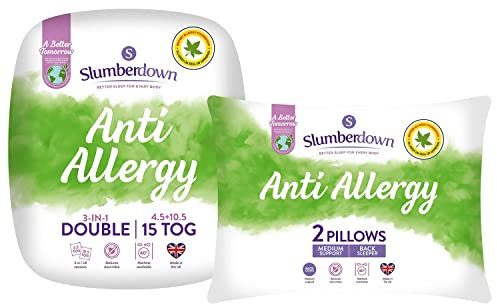Slumberdown Anti Allergy All Seasons 15 Tog Double Duvet - 4.5 Tog Summer Plus 10.5 Tog All Year Round 3 in 1 Combination Quilt, 2 Pillows - Soft Cover, Machine Washable, Size (200cm x 200cm)