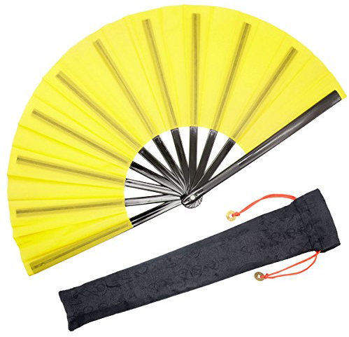 OMyTea Chinese Kung Fu Tai Chi Large Hand Folding Fan for Men/Women - With a Fabric Case for Protection - For Performance/Dance/Fighting/Gift (Yellow)