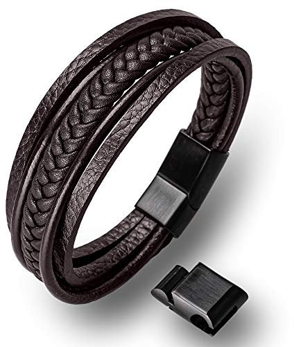 HOOF | Herren Armband Echt-Leder | Armreif geflochten | Magnetverschluss Edelstahl | Edle Box Schmuckschachtel Etui| Geschenkidee Männer, Freunde, Wikinger, Vater, Partner B1(Braun, 24cm - 25 cm