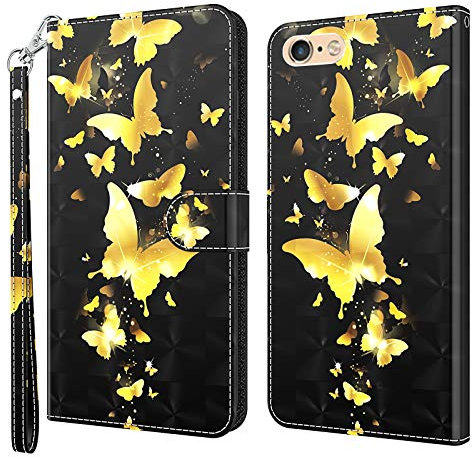 GLANDOTU Apple iPhone 7 Plus/6s Plus/6 Plus/8 Plus Case Flip Wallet PU Leather Cover with Magnetic Button Standing Funstion Full-Body Protective Phone Cases - Gold butterfly